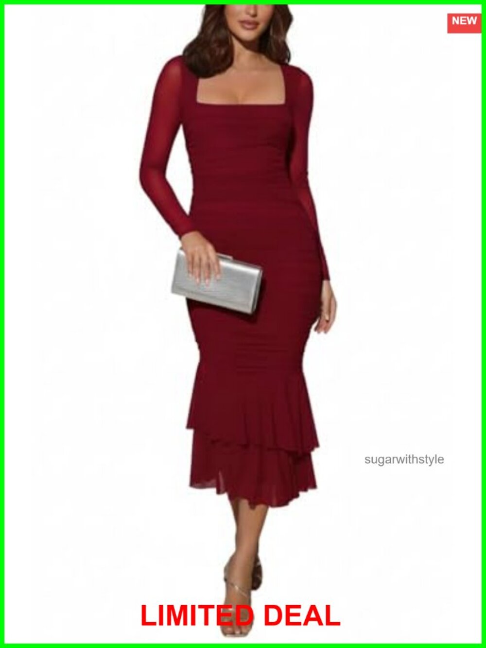 Atizon Women's Ruched Bodycon Maxi Dress Square Neck Long Sleeve Mermaid Formal